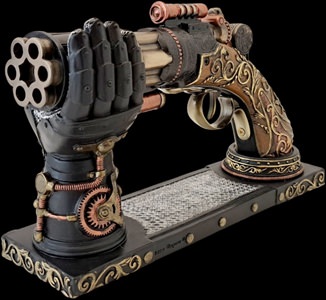 Detaljeret nærbillede af Steampunk pistol med messingfinish og synlige tandhjul